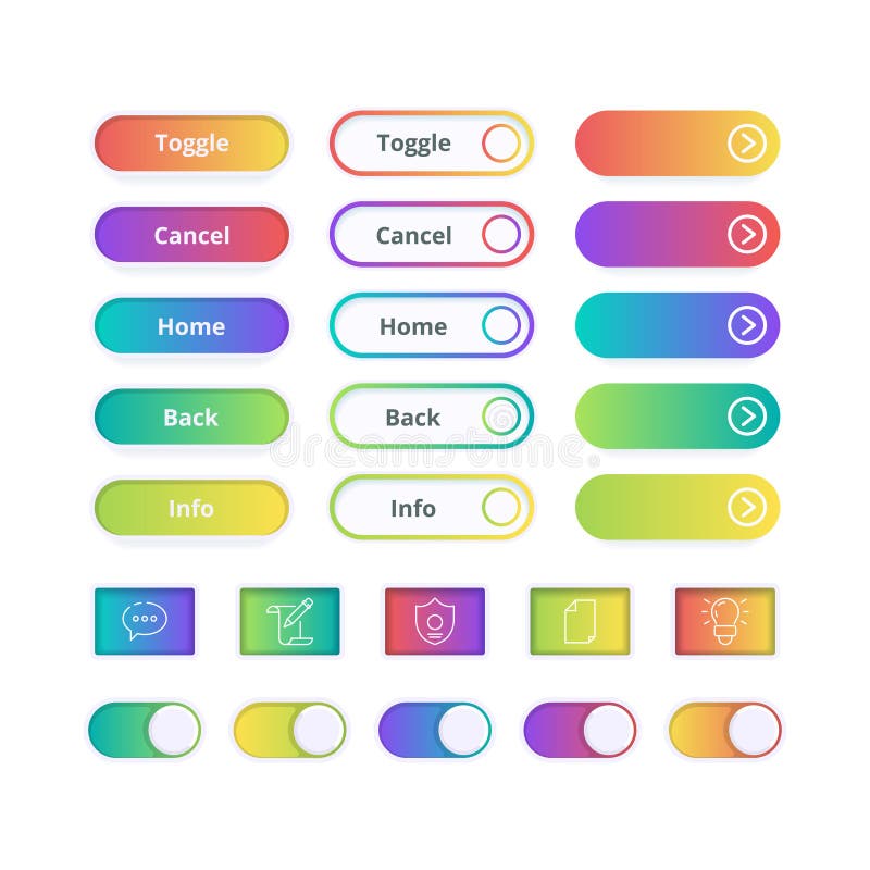 Gekleurde verloopknoppen Speel of website ui sjablonen actieknoppen met lijnvectorkleurige symbolen royalty-vrije illustratie Gekleurde verloopknoppen Speel of website ui sjablonen actieknoppen met lijnvectorkleurige symbolen royalty-vrije illustratie