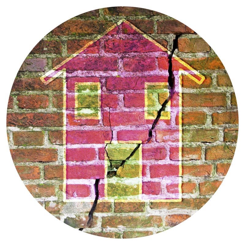 Geknackte alte und gealterte Backsteinmauer mit einem farbigen Haus gezeichnet auf es - rundes Ikonenkonzeptbild - Fotografie in stockfotografie Geknackte alte und gealterte Backsteinmauer mit einem farbigen Haus gezeichnet auf es - rundes Ikonenkonzeptbild - Fotografie in stockfotografie