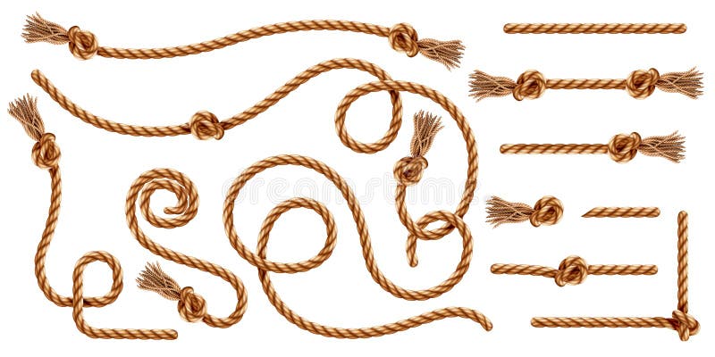 Set of isolated knotted ropes with tassels or realistic cords with brush and knot. Nautical 3d thread or realistic hemp whipcord with loops and noose. Twisted and braided, folded, spiral fiber. Set of isolated knotted ropes with tassels or realistic cords with brush and knot. Nautical 3d thread or realistic hemp whipcord with loops and noose. Twisted and braided, folded, spiral fiber.