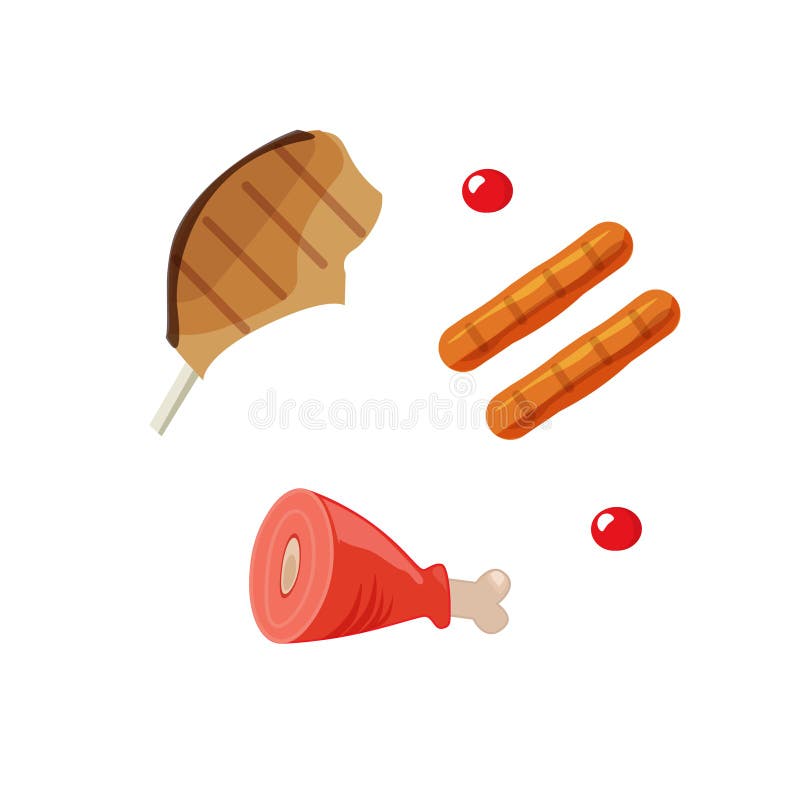 Gekochte Fleischlebensmittel-Vektorillustration, gegrillte Würste, Rindfleischsteak, Schinkenmahlzeitkarikatur lizenzfreie abbildung