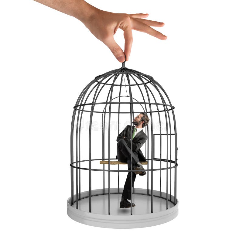 Businessman sitting in a cage of birds. Businessman sitting in a cage of birds