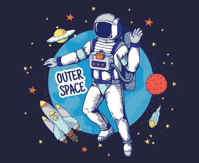 Gekritzelastronaut Handspielt gezogene Raumjungen Plakat, Planet Raumgegenstände, Astronomiekarikaturelemente die Hauptrolle Vekt stock abbildung Gekritzelastronaut Handspielt gezogene Raumjungen Plakat, Planet Raumgegenstände, Astronomiekarikaturelemente die Hauptrolle Vekt stock abbildung
