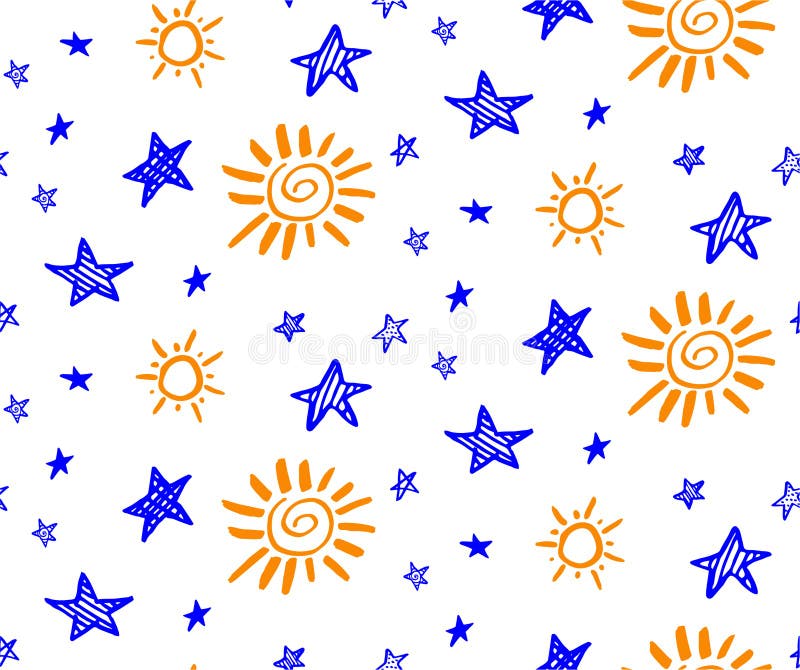 Doodle stars and suns seamless pattern. Hand drawn. Cartoon style, on white background. Doodle stars and suns seamless pattern. Hand drawn. Cartoon style, on white background