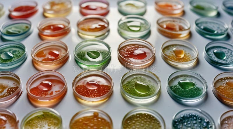 Gel di siero liquido contenente campioni di microalghe in piastre di Petri che formano carta da parati illustrazione di stock