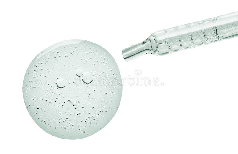 Gel serum drop and cosmetic dropper. Clear skin care liquid texture with bubbles and a pipette isolated on white background.