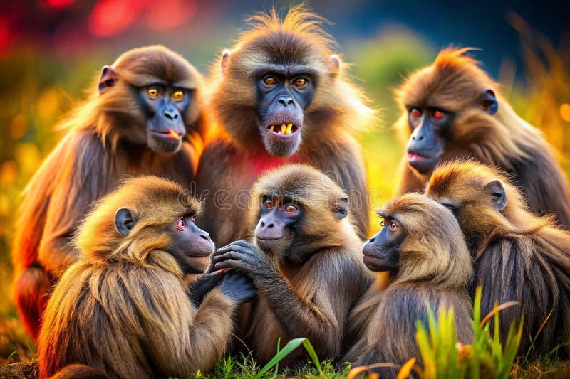 Gelada Baboons A Double Exposure Showcase of Family Bonds Jucăuș Actions and Intriguing Social Dynamics stock illustration