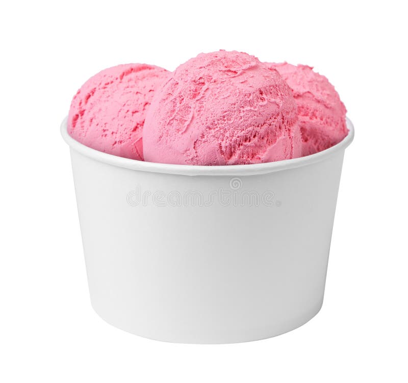 Gelado cor-de-rosa no copo de papel com a morango do sabor ou a framboesa ou a cereja isolada no branco