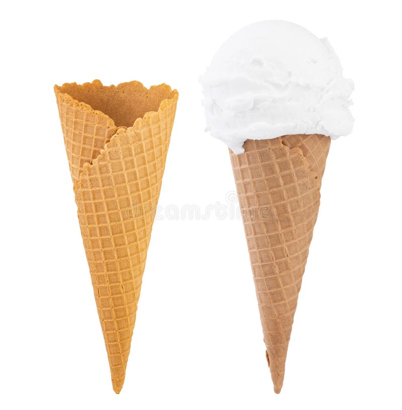 vanilla ice cream in the cone and blank crispy ice cream cone isolated on white background. vanilla ice cream in the cone and blank crispy ice cream cone isolated on white background.