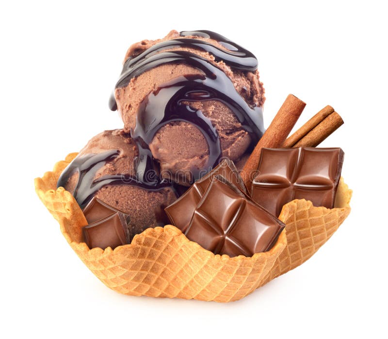 Chocolate ice cream with cinnamon in a waffle basket isolated on white. Chocolate ice cream with cinnamon in a waffle basket isolated on white