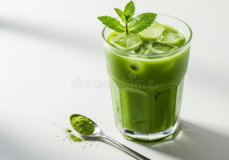 Bebida de Chá Verde Matcha Gelado com Guarnição de Hortelã ilustração stock