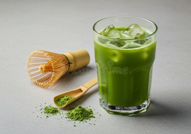 Bebida de Chá Verde Matcha Gelado com Batedor e Colher ilustração stock