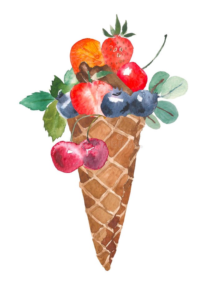 Gelado no cone do waffle com baga Ilustração para seu projeto, logotipo da aquarela, convite, casamento, Valentim ilustração do vetor Gelado no cone do waffle com baga Ilustração para seu projeto, logotipo da aquarela, convite, casamento, Valentim ilustração do vetor