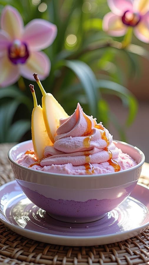 Gelati gelati di fragole in ciotola con pere affettate e caramello fotografia stock libera da diritti