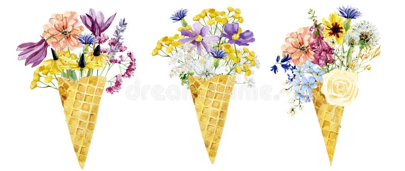 Gelato acquerello in cono di cialde con fiori di rose fiori di fiori di fiore di fiori di fiore floreale di fiore di fioritura. immagine stock libera da diritti