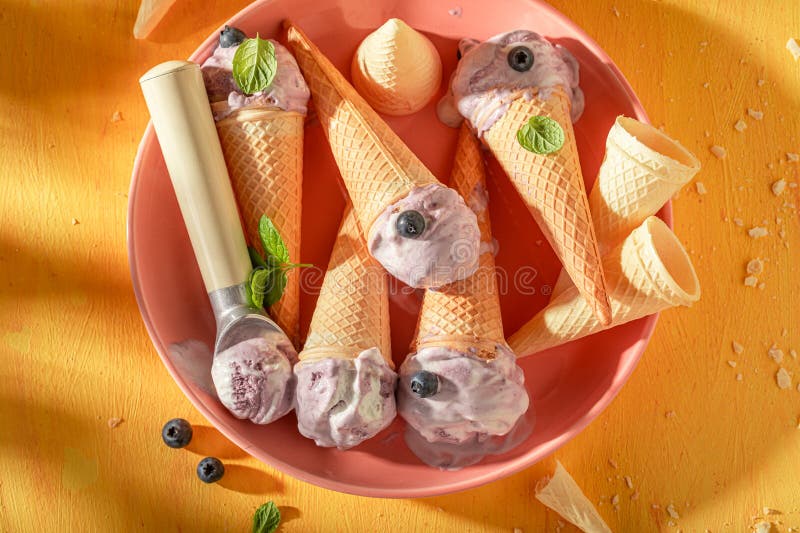 Gelato fresco e gustoso di mirtillo in un cono di waffé fotografia stock libera da diritti