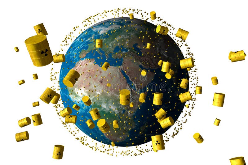 Yellow barrels of nuclear waste orbit the planet earth. Yellow barrels of nuclear waste orbit the planet earth
