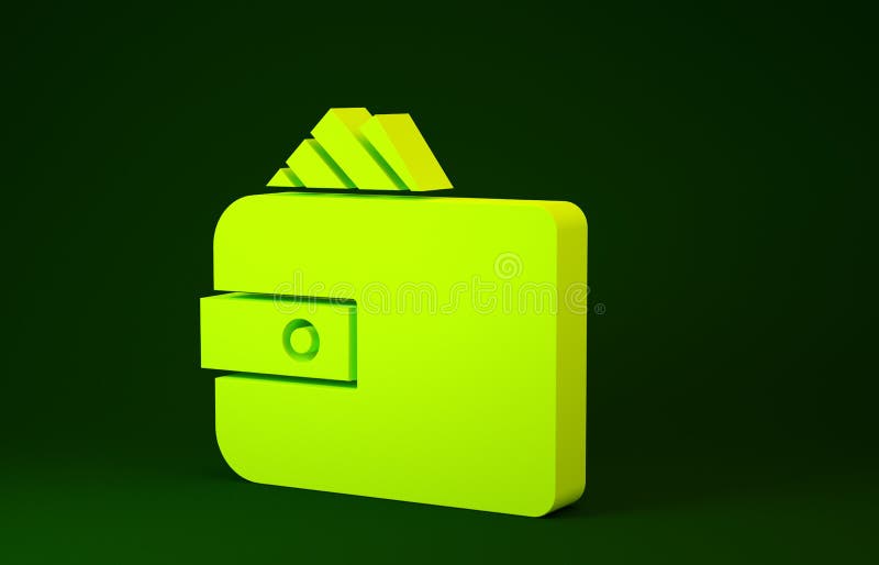 Gelbe Geldbörse mit der StapelPapiergeld-Bargeldikone isoliert auf grünem Hintergrund. Geldbeutelikone. Bargeldeinsparungenssymbol