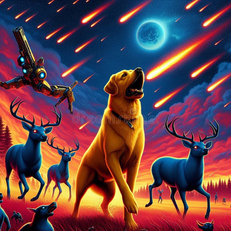 Gelbe Hunde jagen Blauhirsche und grüne Jägermeteoriten, die vom Himmel fallen. lizenzfreie abbildung