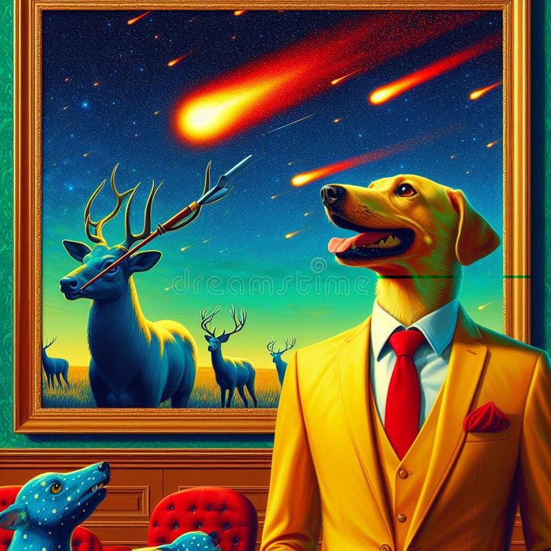 Gelbe Hunde jagen Blauhirsche und grüne Jägermeteoriten, die vom Himmel fallen. vektor abbildung