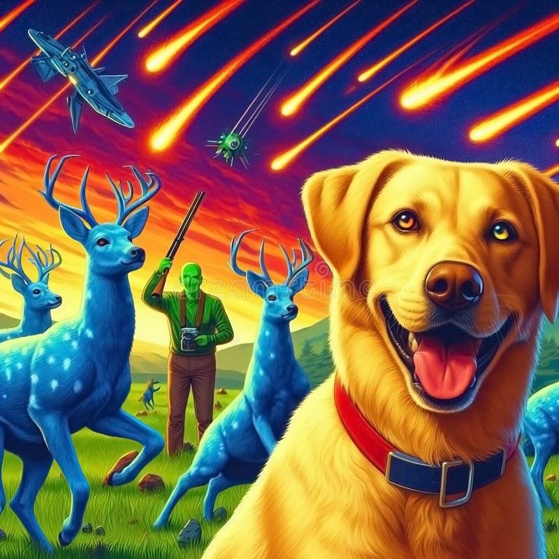 Gelbe Hunde jagen Blauhirsche und grüne Jägermeteoriten, die vom Himmel fallen. vektor abbildung