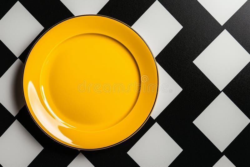 Gelbe Platte auf schwarz-weißem Schachbrettboden, die einen auffallenden visuellen Kontrast schafft. glänzende Oberfläche lizenzfreie abbildung