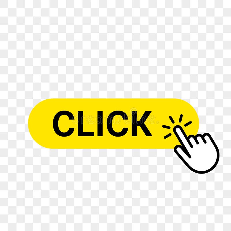 Gelbe Stange des Klickennetzknopfschablonen-Vektors, Handfinger klicken hier Cursor lizenzfreie abbildung