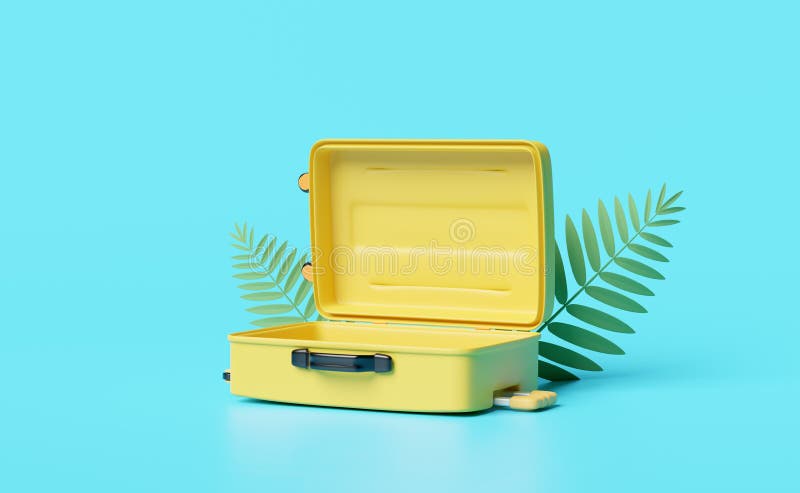 Gelber Koffer leer mit Palmblatt isoliert auf blauem Hintergrund Sommerreisekonzept 3d Illustration oder 3d Rendering lizenzfreie abbildung