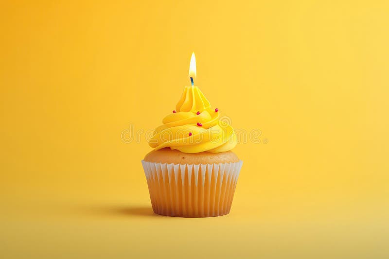 Gelber Kuchen mit beleuchteter Kerze auf gelbem Hintergrund Leerzeichen. generative Hilfe vektor abbildung
