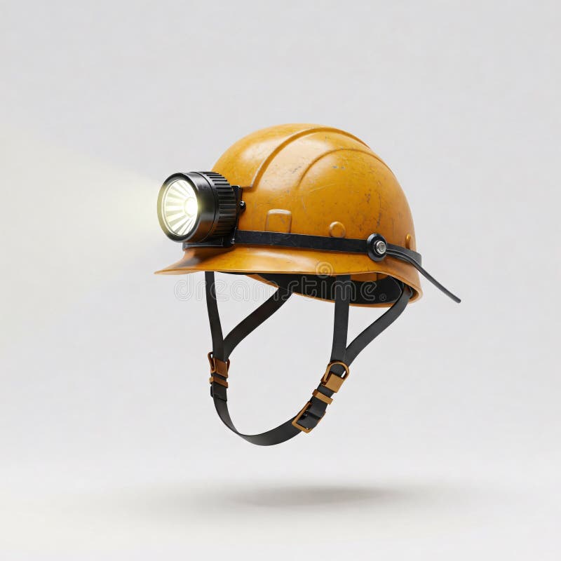 Gelber Minierhelm mit eingeschaltetem schwarzen Gurt, abgeschnitten auf weiß vektor abbildung