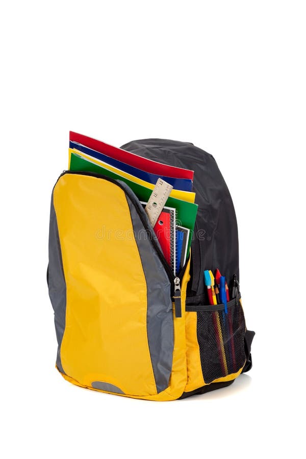 Gelber Rucksack mit Schulezubehör stockbild Gelber Rucksack mit Schulezubehör stockbild
