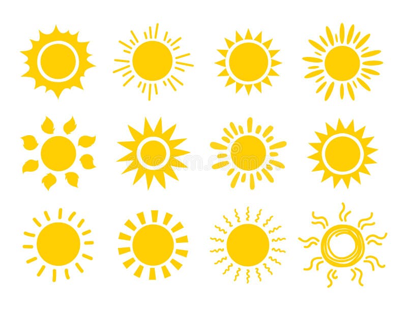 Gelber Sonnenikonensatz. Orange Sommerfrühlings-Sonnenscheinstrahlen. Licht Sonnenlicht des Wetters singen. Vektorsonnenaufganglog stock abbildung
