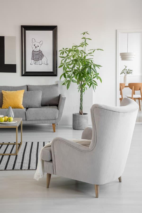 Gelbes Kissen auf grauer Couch im schicken Wohnzimmer mit bequemem Lehnsessel und Grünpflanze im Topf lizenzfreies stockfoto Gelbes Kissen auf grauer Couch im schicken Wohnzimmer mit bequemem Lehnsessel und Grünpflanze im Topf lizenzfreies stockfoto