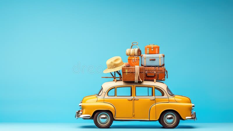 Yellow retro car with luggage and summer accessories on blue background with copy space. Yellow retro car with luggage and summer accessories on blue background with copy space.