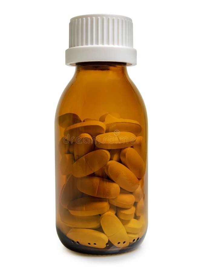 Gelbes Tablettenfläschchen lokalisiert auf weißem Hintergrund