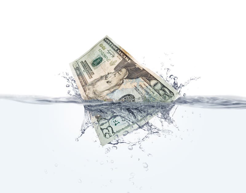 Stock image of Twenty dollar bill splashing into water over white background, very detailed splash. Stock image of Twenty dollar bill splashing into water over white background, very detailed splash