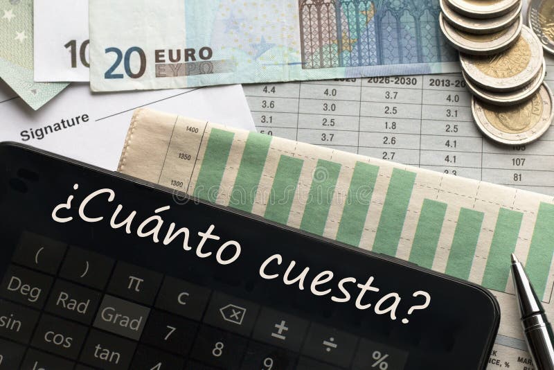 Geld, calculator met hoeveel? tekst in het Spaans royalty-vrije stock afbeelding Geld, calculator met hoeveel? tekst in het Spaans royalty-vrije stock afbeelding