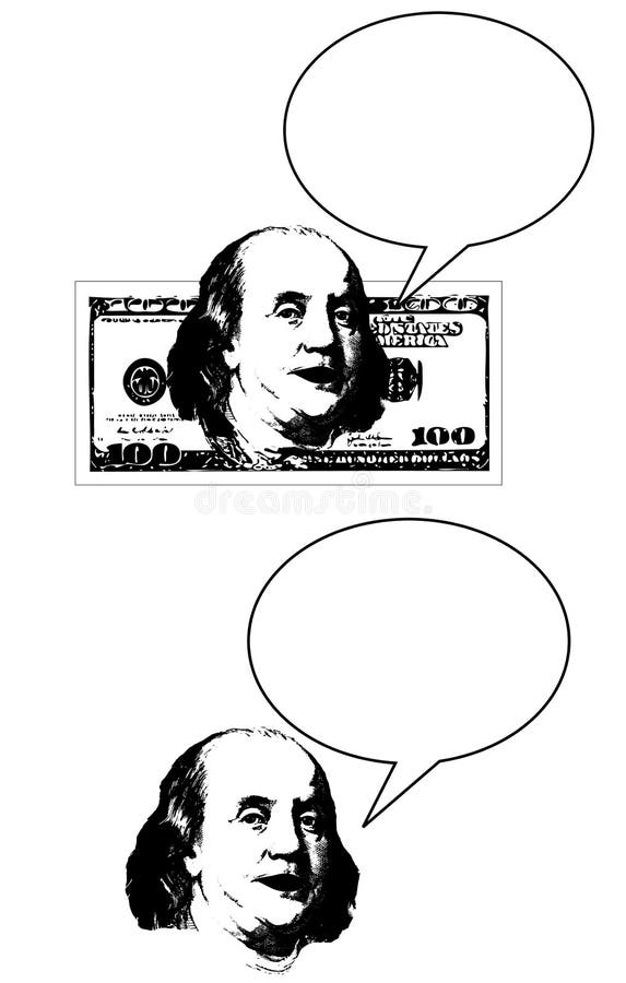 An illustration featuring an abstract version of Ben Franklin's head on money with a talk bubble. Bottom version is just his head. An illustration featuring an abstract version of Ben Franklin's head on money with a talk bubble. Bottom version is just his head