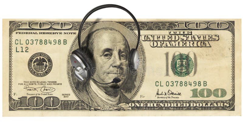 A one hundred dollar bill with Franklyn wearing headphones. A one hundred dollar bill with Franklyn wearing headphones