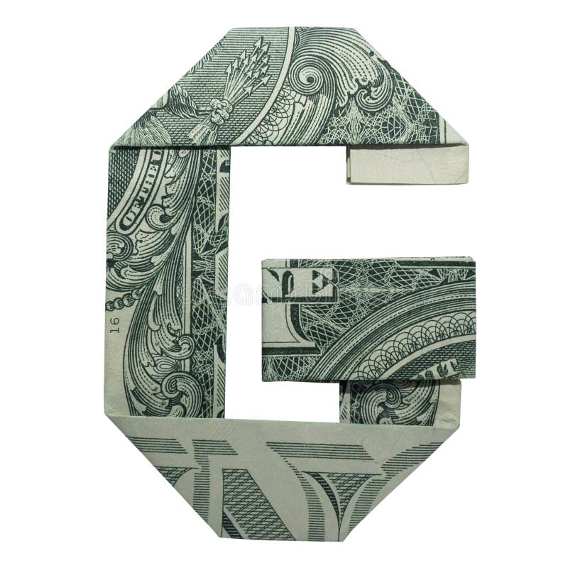 Geld-Origami BESCHRIFTET G-Charakter sich faltete mit wirklichem Dollar Bill Isolated