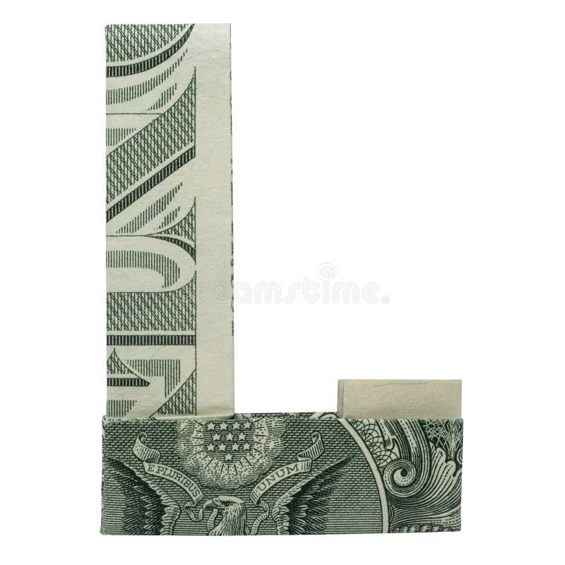 Geld-Origami BESCHRIFTET L Charakter sich faltete mit echtem Dollar Bill Isolated auf weißem Hintergrund