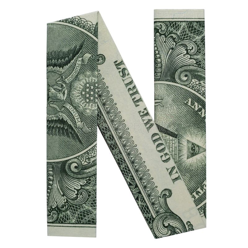 Money Origami LETTER N Character Folded with Real One Dollar Bill Isolated on White Background. Money Origami LETTER N Character Folded with Real One Dollar Bill Isolated on White Background