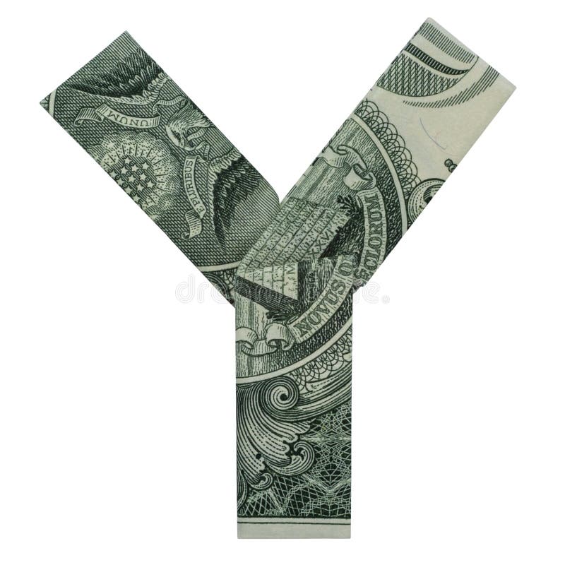 Money Origami LETTER Y Character Folded with Real One Dollar Bill Isolated on White Background. Money Origami LETTER Y Character Folded with Real One Dollar Bill Isolated on White Background