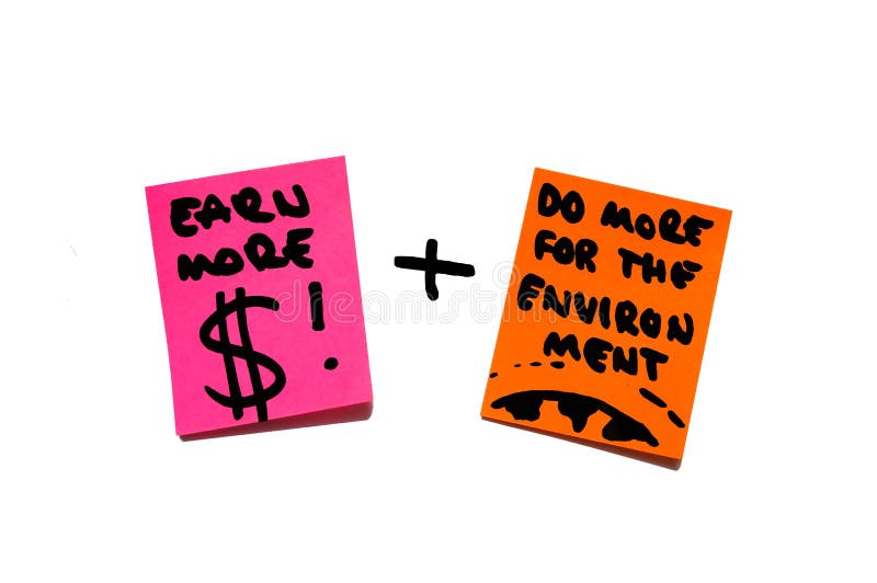 Geld, rijkdom, economie tegenover milieu, aarde, verantwoordelijkheid. post-it nota's. royalty-vrije stock afbeelding Geld, rijkdom, economie tegenover milieu, aarde, verantwoordelijkheid. post-it nota's. royalty-vrije stock afbeelding