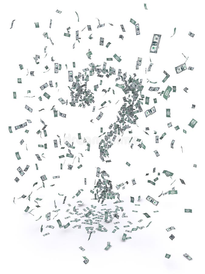 3d rendering of a swarm of falling 1-dollar bills creating a question mark. 3d rendering of a swarm of falling 1-dollar bills creating a question mark