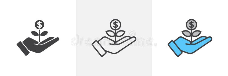 Geldbaum-Symbol. Geldpflanzenwachstumssymbol in schwarz gefüllter und umrissener Form. Investitionszeichen. Geldbaum-Symbol isoliert auf weißem Hintergrund. 10
