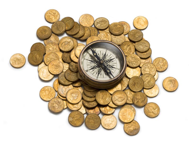 A compass on australian one dollar coins isolated on white. A compass on australian one dollar coins isolated on white