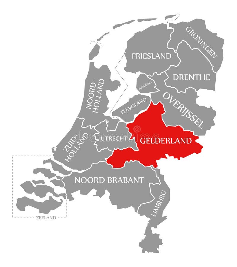 Gelderland Op De Kaart Gelderland Red Gemarkeerd Op Kaart Van Nederland Stock Illustratie