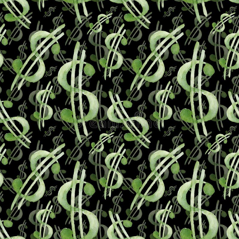 Money silhouette. Wallpaper and fabric design and decor. Watercoloe illustration. Pattern of colorful Dolar on Black Background. Money silhouette. Wallpaper and fabric design and decor. Watercoloe illustration. Pattern of colorful Dolar on Black Background.