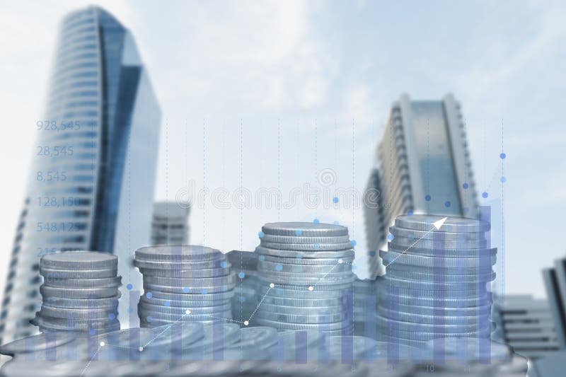 Stacks of money between city buildings, symbolizing the prosperity of business and the economy, concept of financial investment and real estate. Stacks of money between city buildings, symbolizing the prosperity of business and the economy, concept of financial investment and real estate