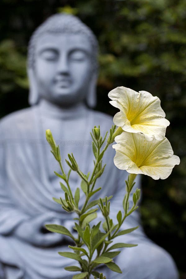 Sharp yellow flowers in foreground, blurred Buddha statue in background, the image communicates peace, harmony, and tranquility. Sharp yellow flowers in foreground, blurred Buddha statue in background, the image communicates peace, harmony, and tranquility